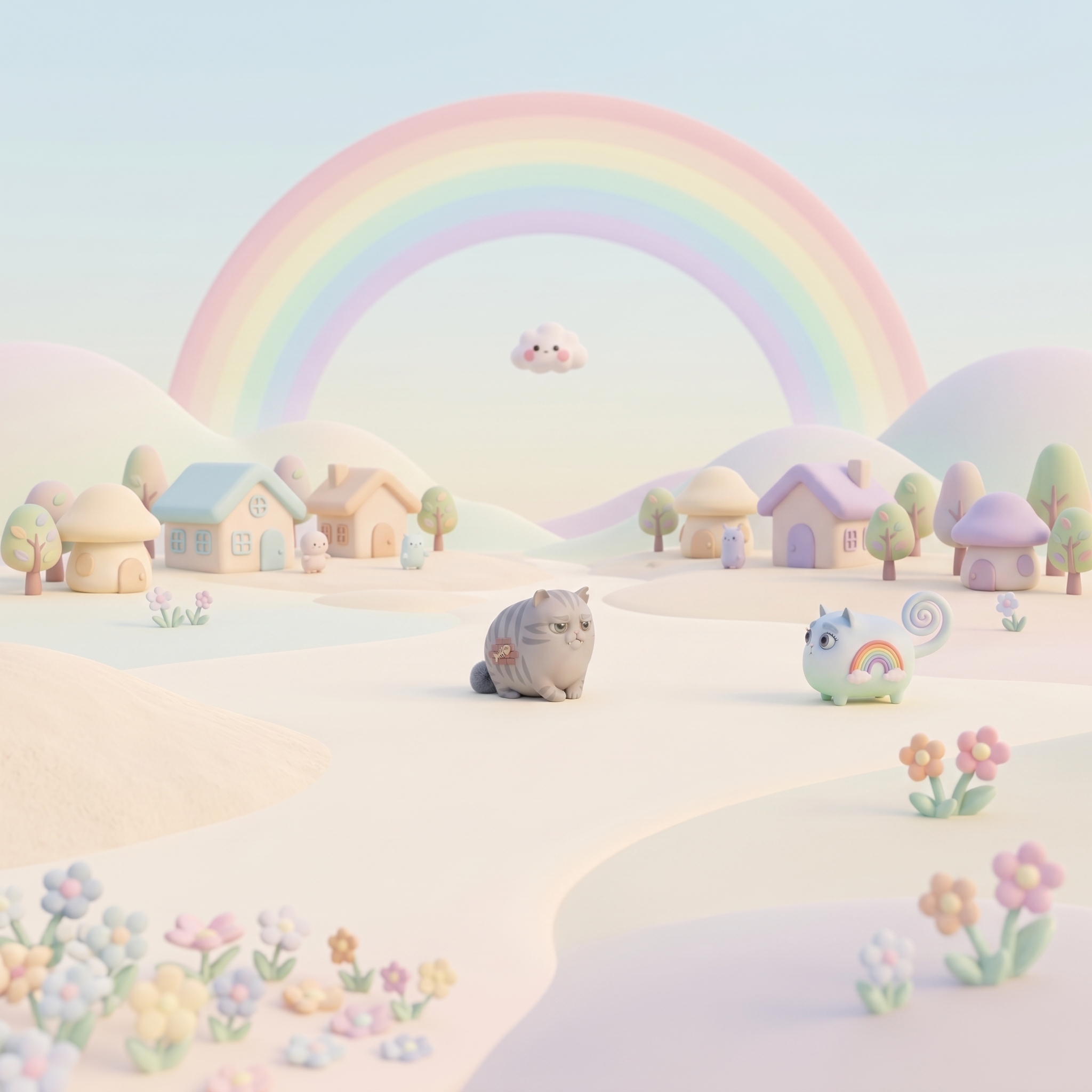 Rainey sitting quietly beside a frightened Max in the bright rainbow village