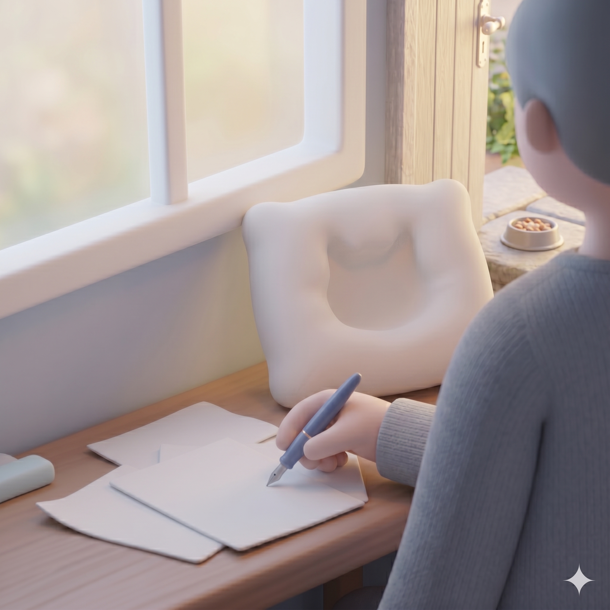 The man sitting at his desk in spring, taking up his pen to write the story of the cats he lost