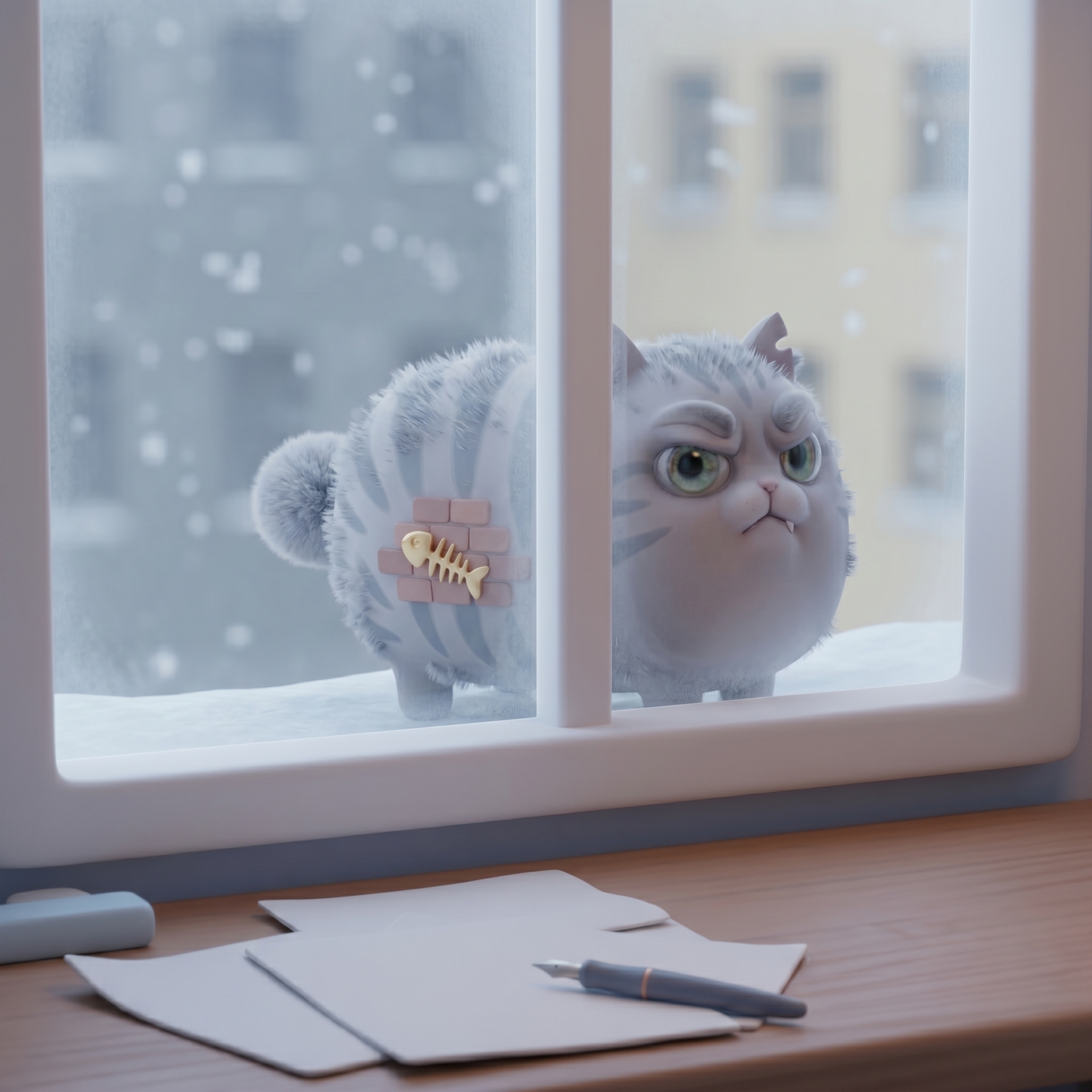 A scraggly stray cat with a torn ear crying outside the studio window