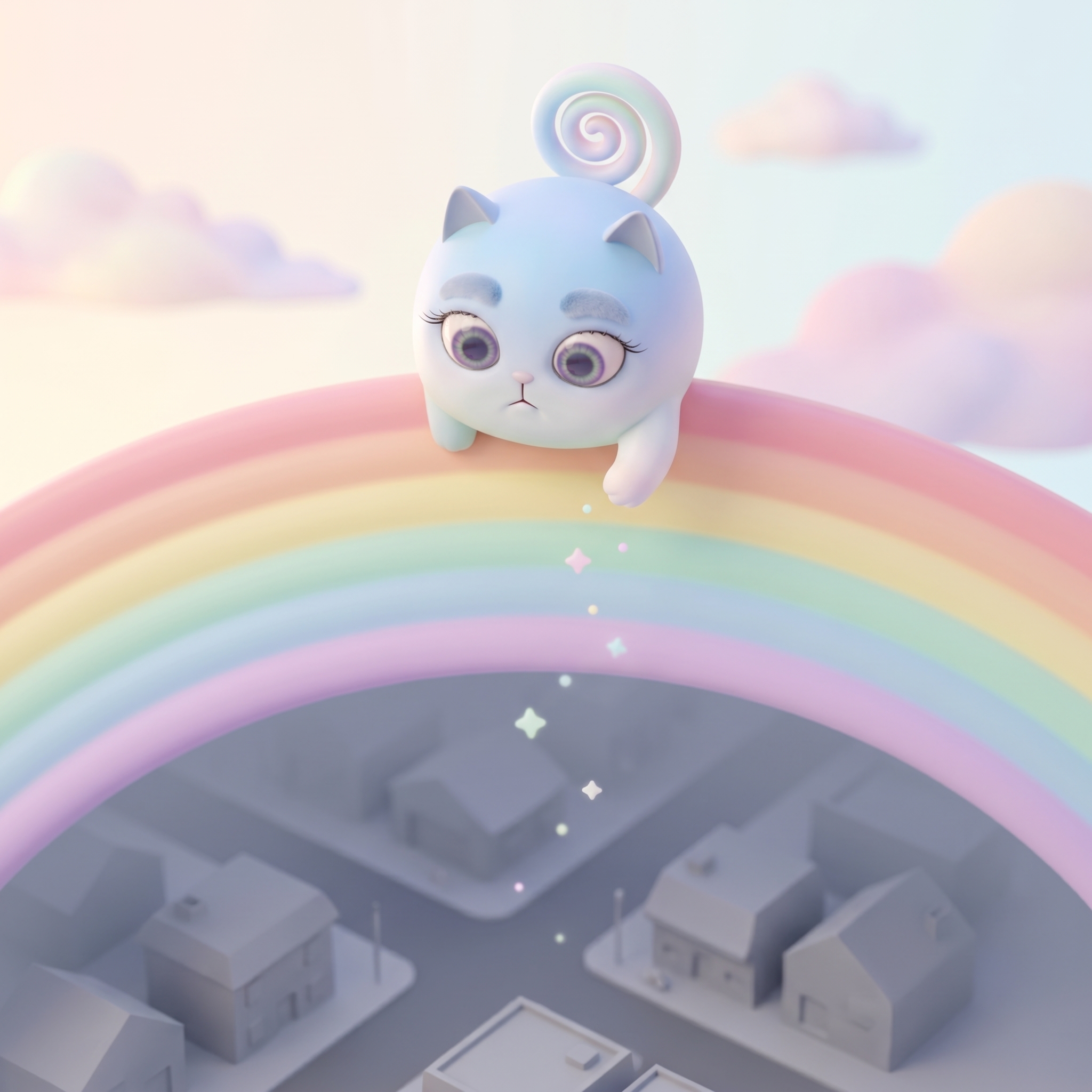 Rainey peering down through the rainbow at the sad man below, trying her clumsy magic