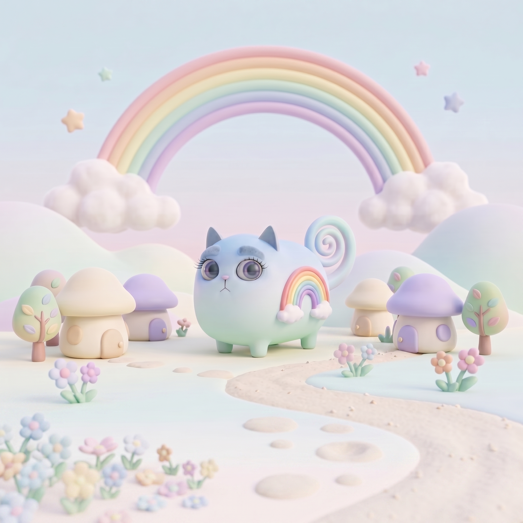 Illustration from A Name to Call You Home — Rainey the Cat standing in a rainbow world