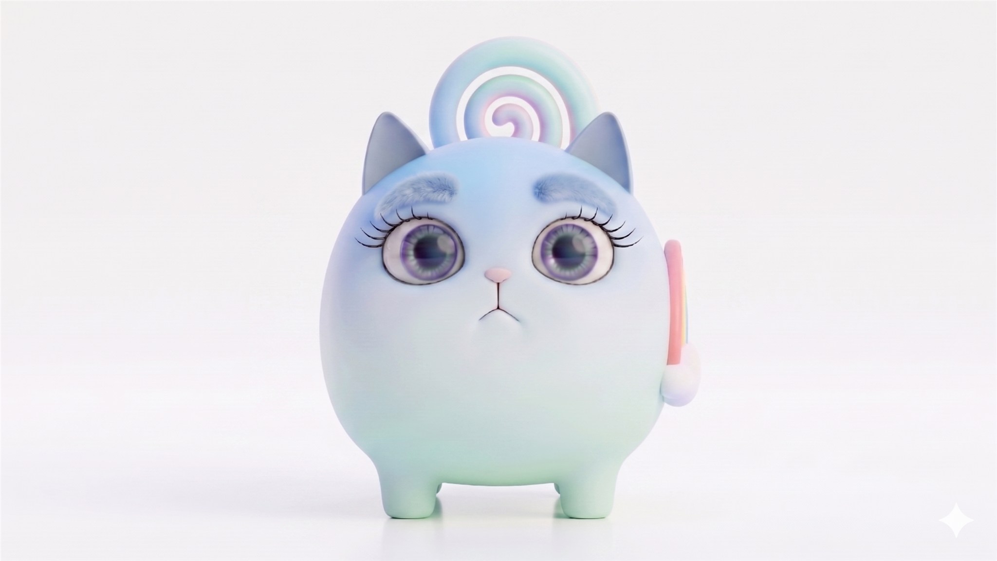 Rainey — a soft-vinyl blue-mint cat with a rainbow tail